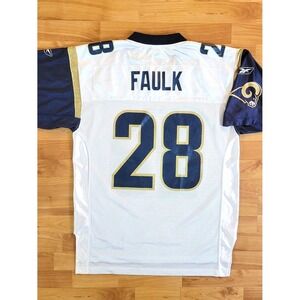 Vintage RBK St Louis Rams Marshall Faulk #28 White/Navy Football Jersey, Medium